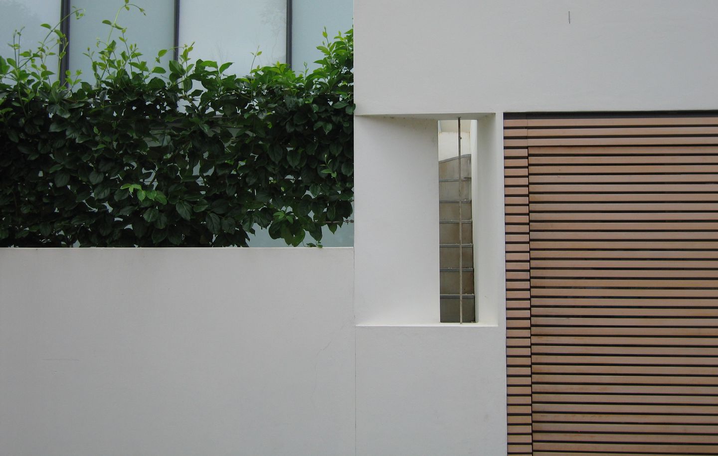  Detail view of white rendered garden wall and timber clad garage door of architect designed family home at Point Piper Sydney